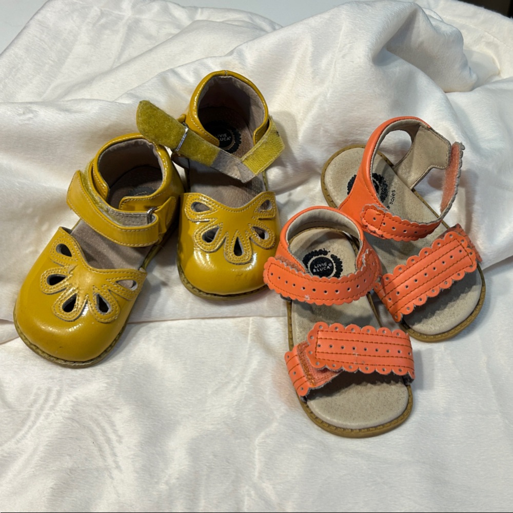 Livie & Luca Yellow Mary Jane and Coral Scalloped Sandals Set